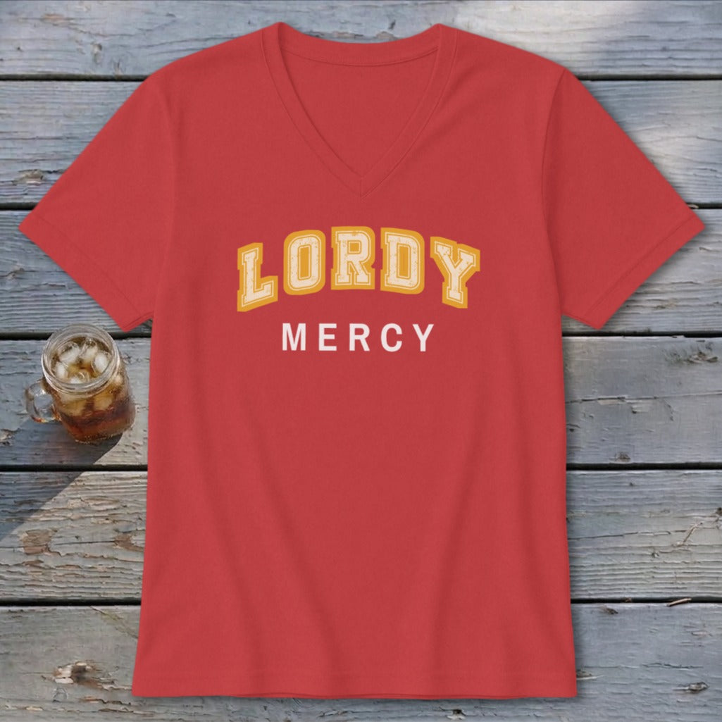 Red v-neck t-shirt with yellow and white "LORDY MERCY" text.