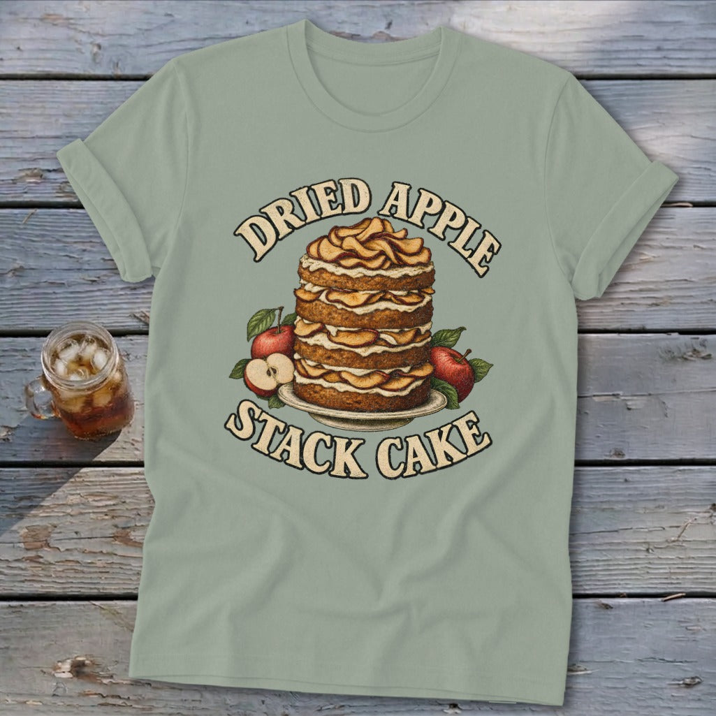 T-shirt with "Dried Apple Stack Cake" text and graphic illustration of a cake.