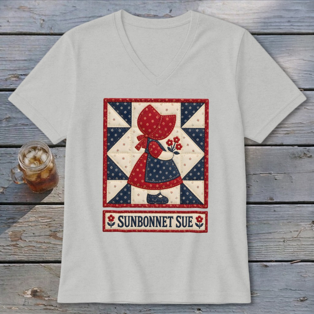 Light gray v-neck t-shirt with Sunbonnet Sue quilt design and text.