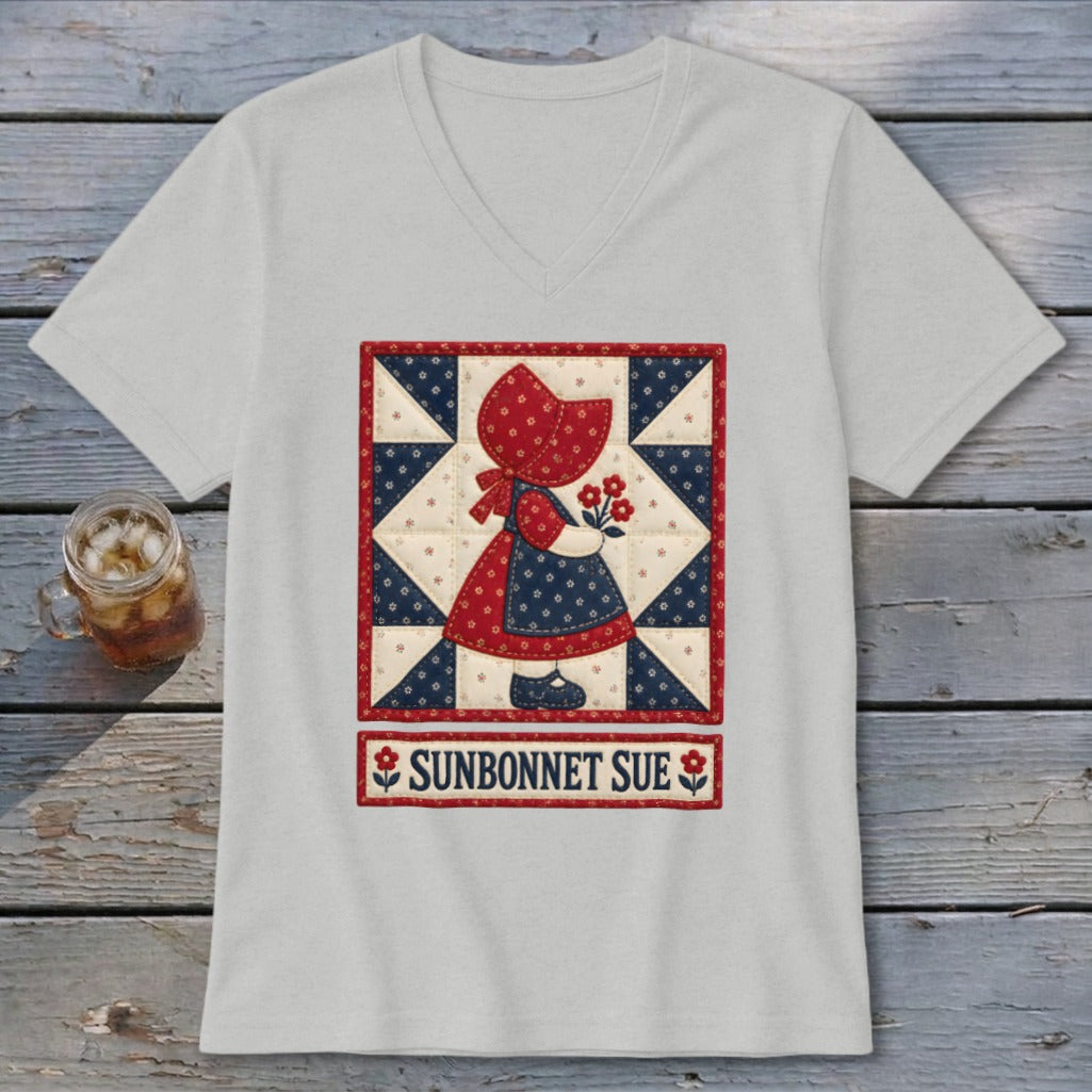 Light gray v-neck t-shirt with Sunbonnet Sue quilt design and text.