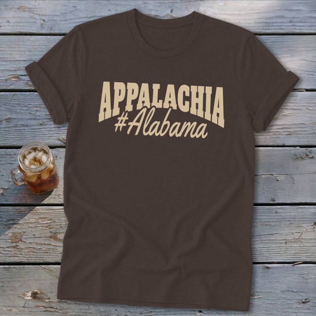 Brown t-shirt with "APPALACHIA #Alabama" text in cream colored font.
