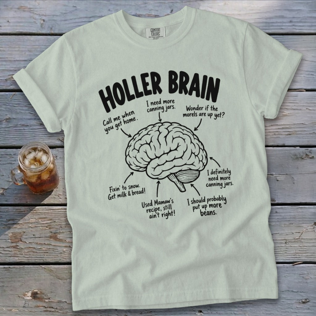 Light green t-shirt with "Holler Brain" text and a diagram of a brain with humorous labels.