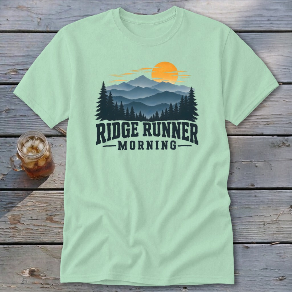 Light green t-shirt with mountain sunrise graphic and "Ridge Runner Morning" text.