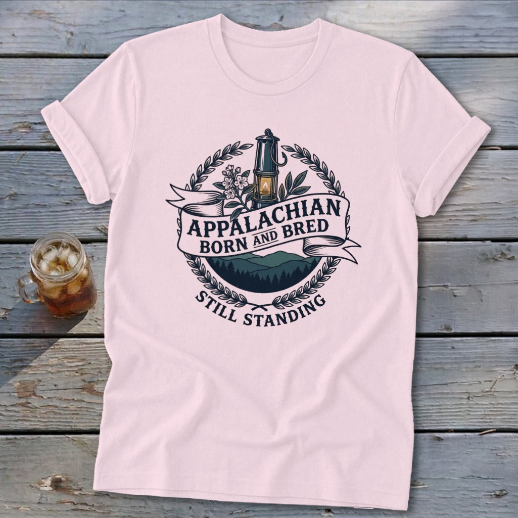 Light pink t-shirt with Appalachian Born and Bred Still Standing graphic.