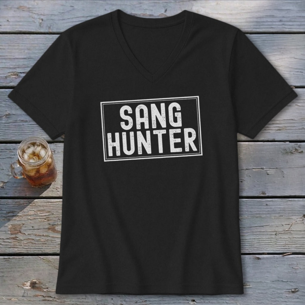 Black v-neck t-shirt with "SANG HUNTER" text in a white rectangle.