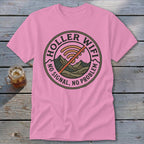 Pink t-shirt with circular logo: "Holler Wifi, No Signal, No Problem."
