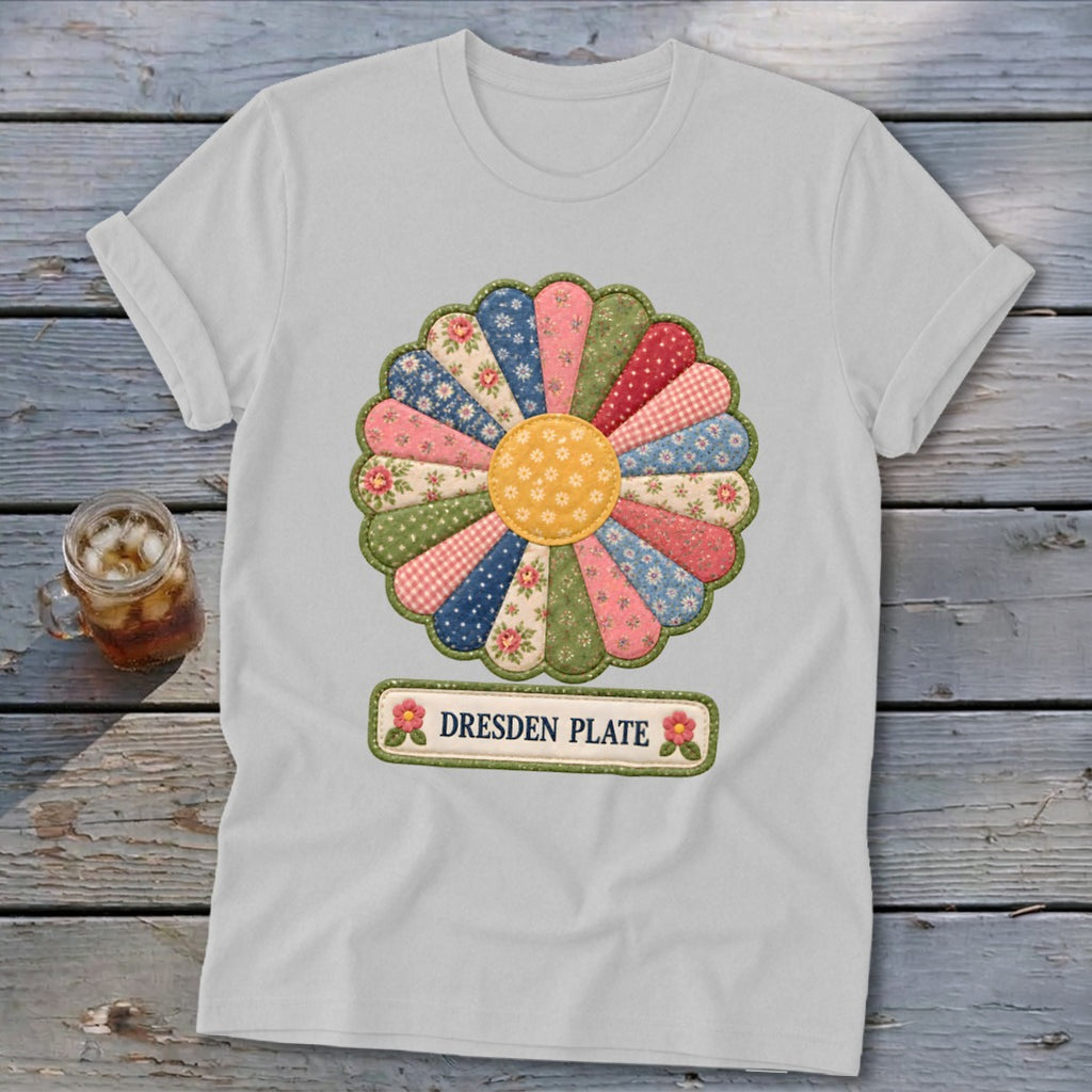 White t-shirt with a colorful Dresden Plate quilt block and "Dresden Plate" text.