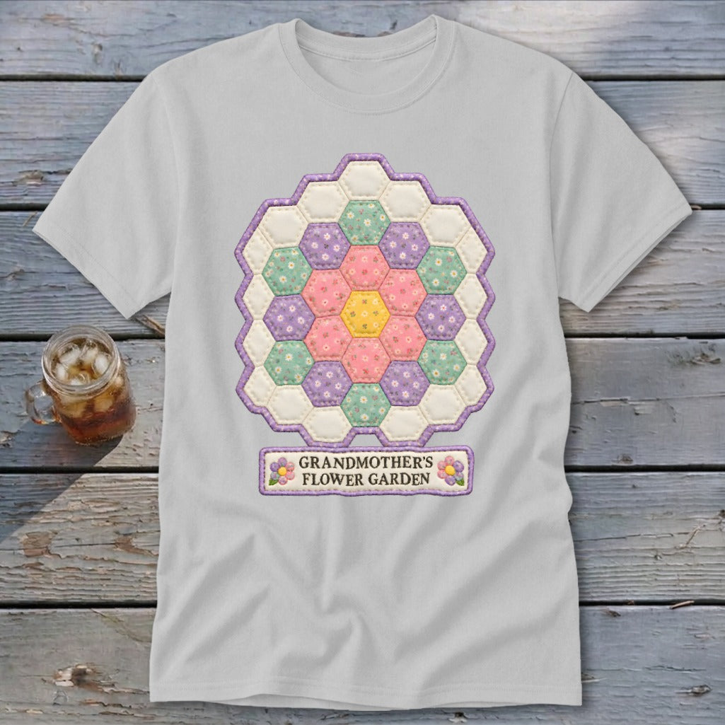 Light gray t-shirt with "Grandmother's Flower Garden" text and a floral hexagon quilt design.