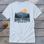 Light blue t-shirt with "Ridge Runner Morning" text and mountain sunset graphic.