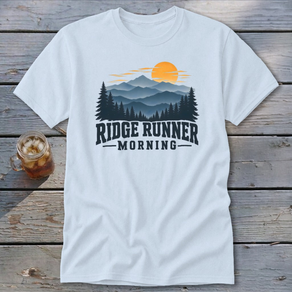 Light blue t-shirt with "Ridge Runner Morning" text and mountain sunset graphic.