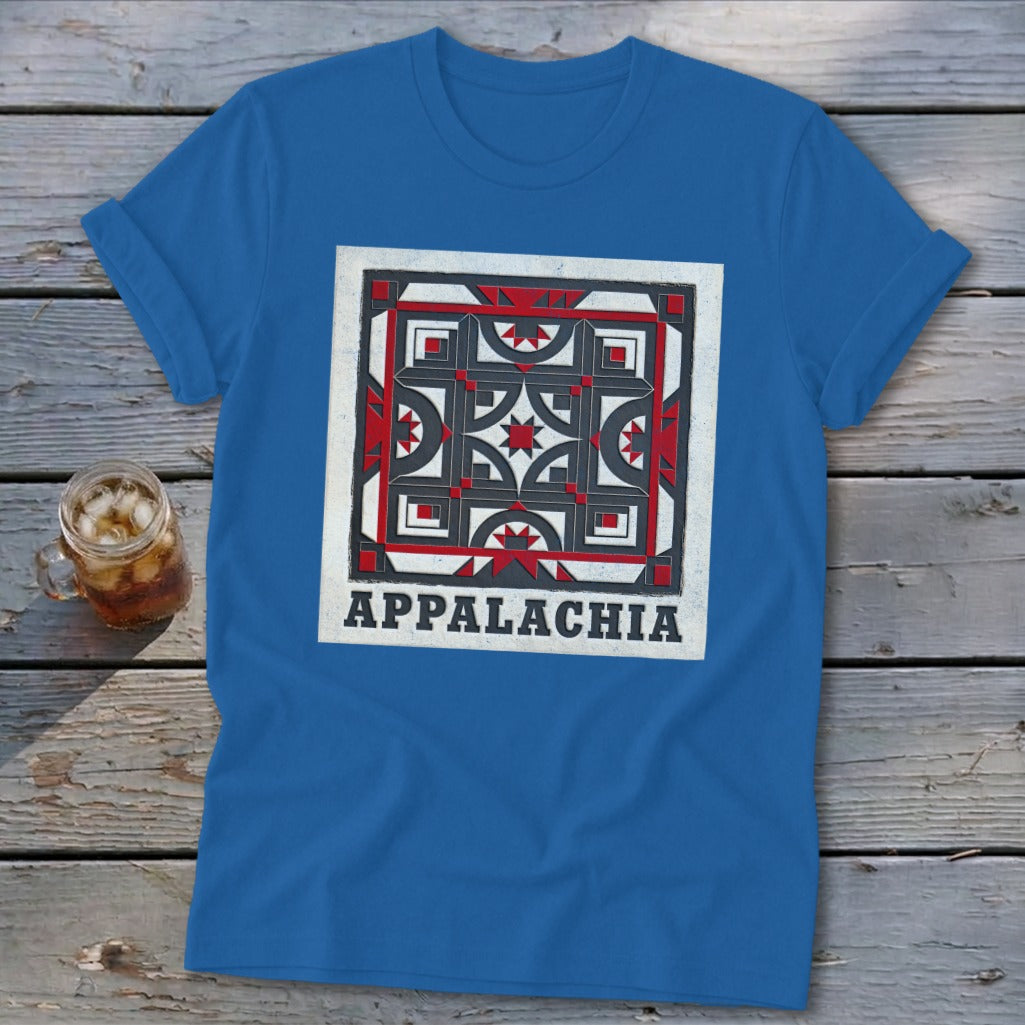 Royal blue t-shirt featuring a red, black, and white quilt block graphic with the text Appalachia.