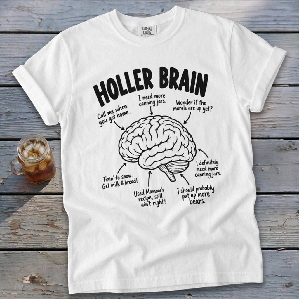 White t-shirt with "Holler Brain" graphic and humorous canning-related text.