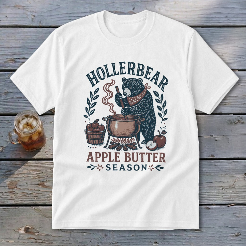 Bear making apple butter with "Hollerbear Apple Butter Season" text.