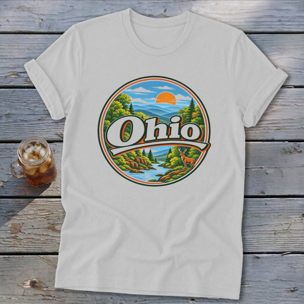 White t-shirt with circular Ohio nature graphic featuring a deer and river.