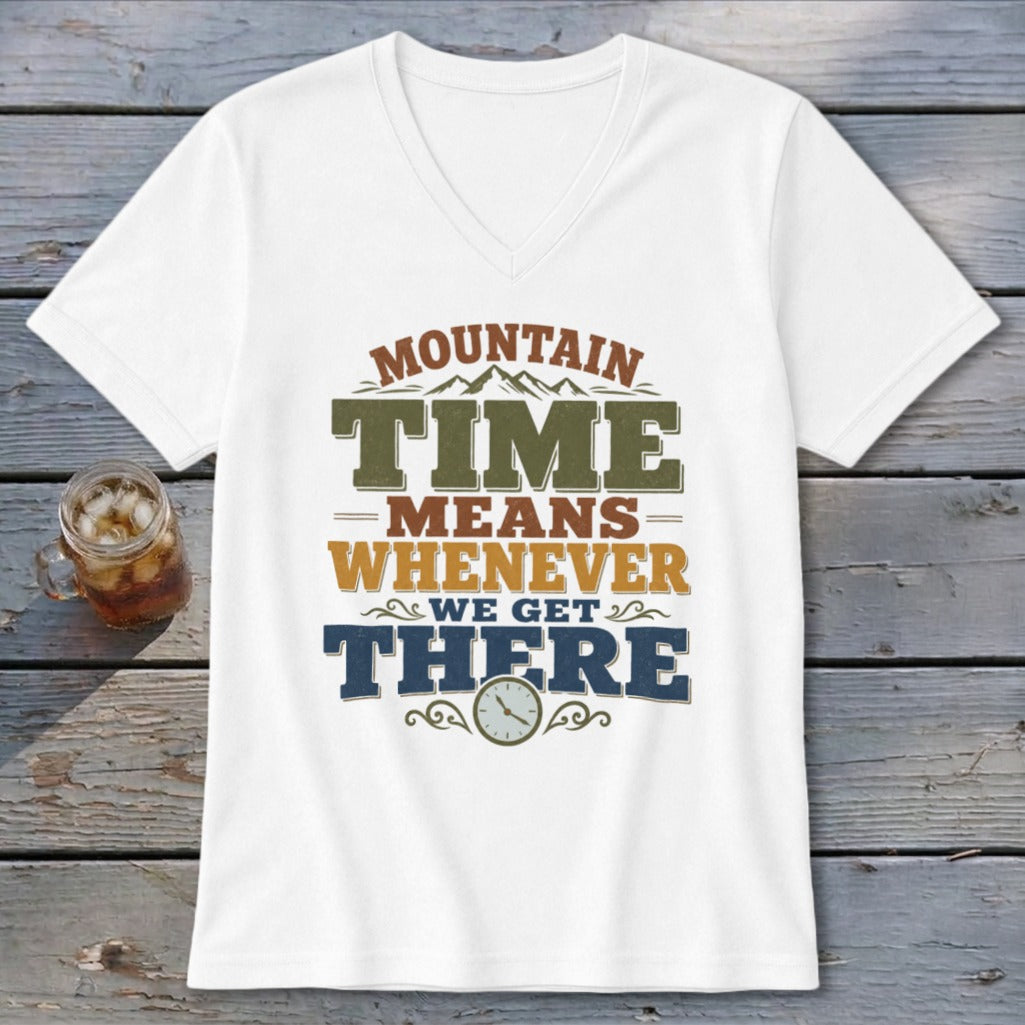 White t-shirt with "Mountain Time Means Whenever We Get There" graphic and clock detail.