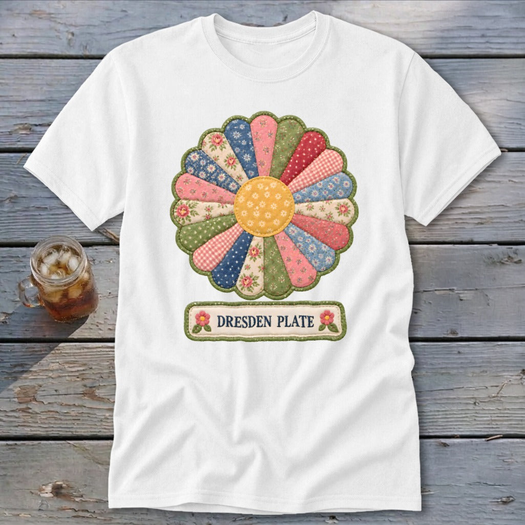 White t-shirt with colorful Dresden Plate flower graphic and text.
