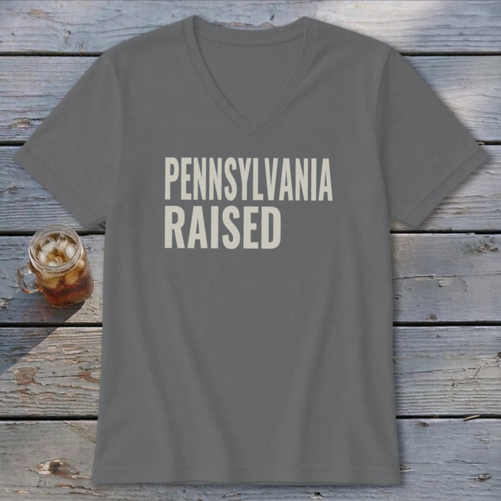 Gray v-neck t-shirt with "PENNSYLVANIA RAISED" text, beside a glass of iced tea.