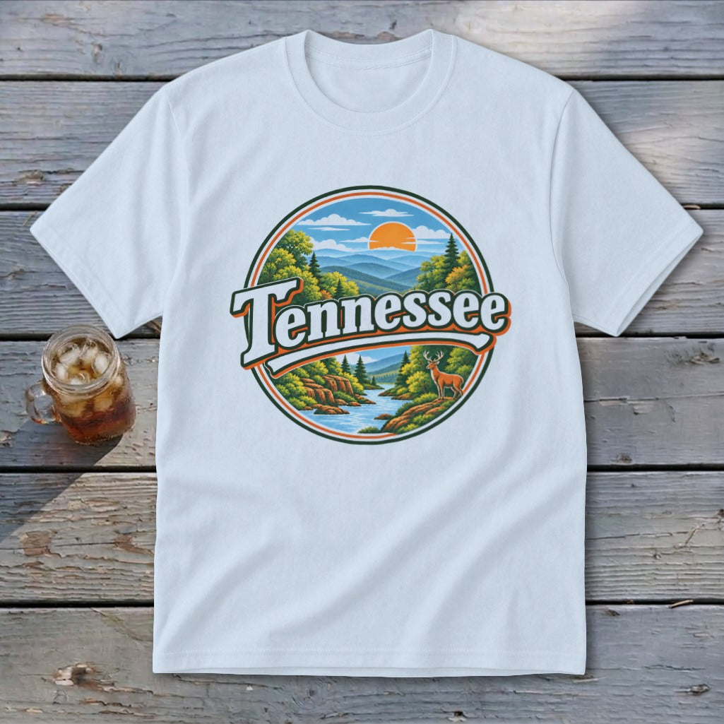 White t-shirt with circular Tennessee landscape design featuring mountains, river, and deer.