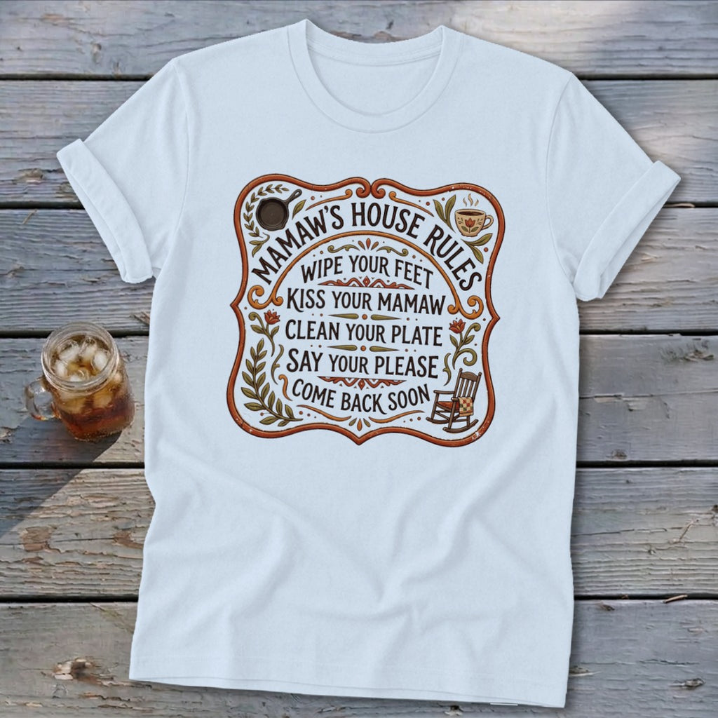 White t-shirt with "Mamaw's House Rules" text and illustrations.