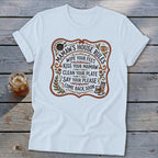 White t-shirt with "Mamaw's House Rules" text and illustrations.