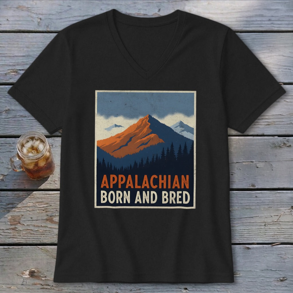Black V-neck t-shirt featuring a retro graphic of mountains, pine trees, and the text APPALACHIAN BORN AND BRED.