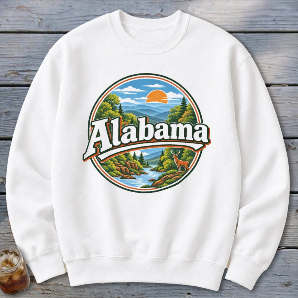 White sweatshirt with a circular graphic featuring the word "Alabama" and a scenic landscape.