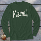 Dark green long-sleeve shirt with "Mizewell" written in white text.