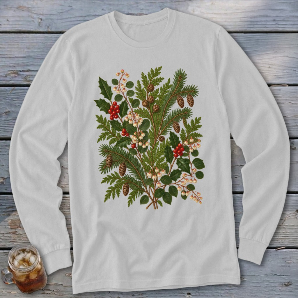 White long-sleeved shirt with a vintage botanical print of evergreen branches and berries.
