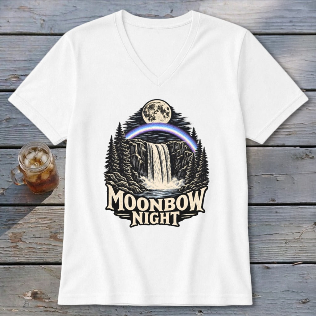 White v-neck t-shirt with "Moonbow Night" text over a waterfall scene.