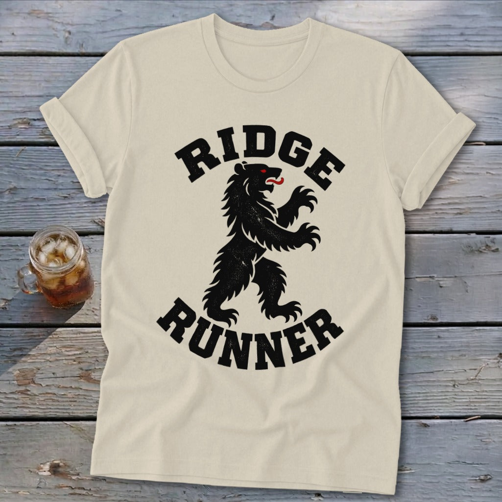 Light beige t-shirt with black text "RIDGE RUNNER" and a bear graphic.