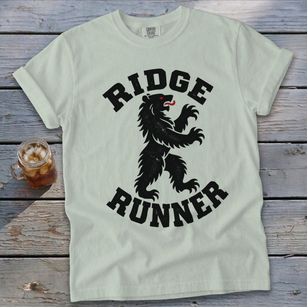 Light green t-shirt with black "RIDGE RUNNER" text and bear graphic.