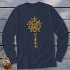 Navy long-sleeve shirt with a yellow floral design and the word "holler" vertically.