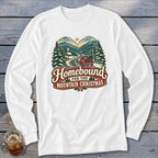 White long-sleeve shirt with "Homebound for the Mountain Christmas" graphic.