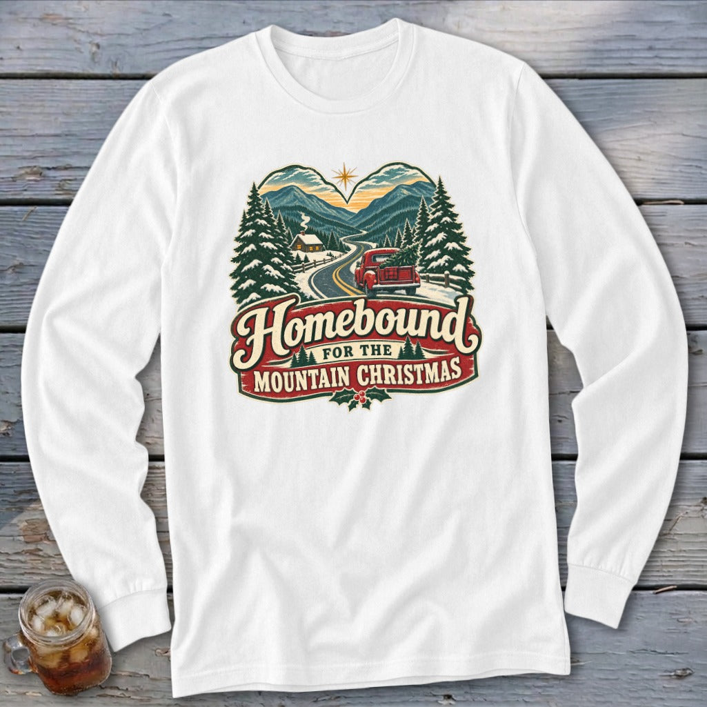 White long-sleeve shirt with "Homebound for the Mountain Christmas" graphic.