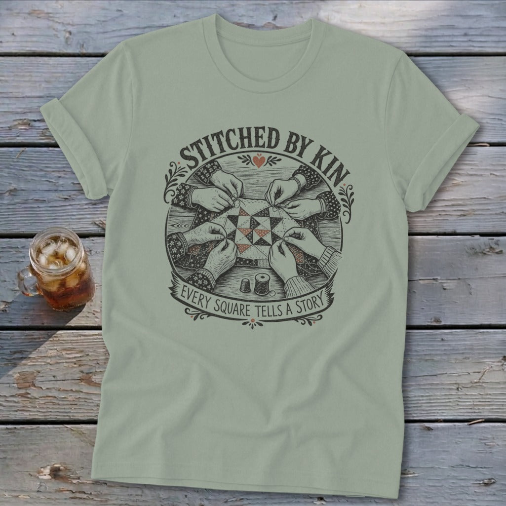 T-shirt graphic with text "Stitched by Kin, Every Square Tells a Story."