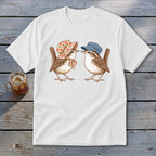 White t-shirt with a graphic of two wrens wearing hats and scarves.