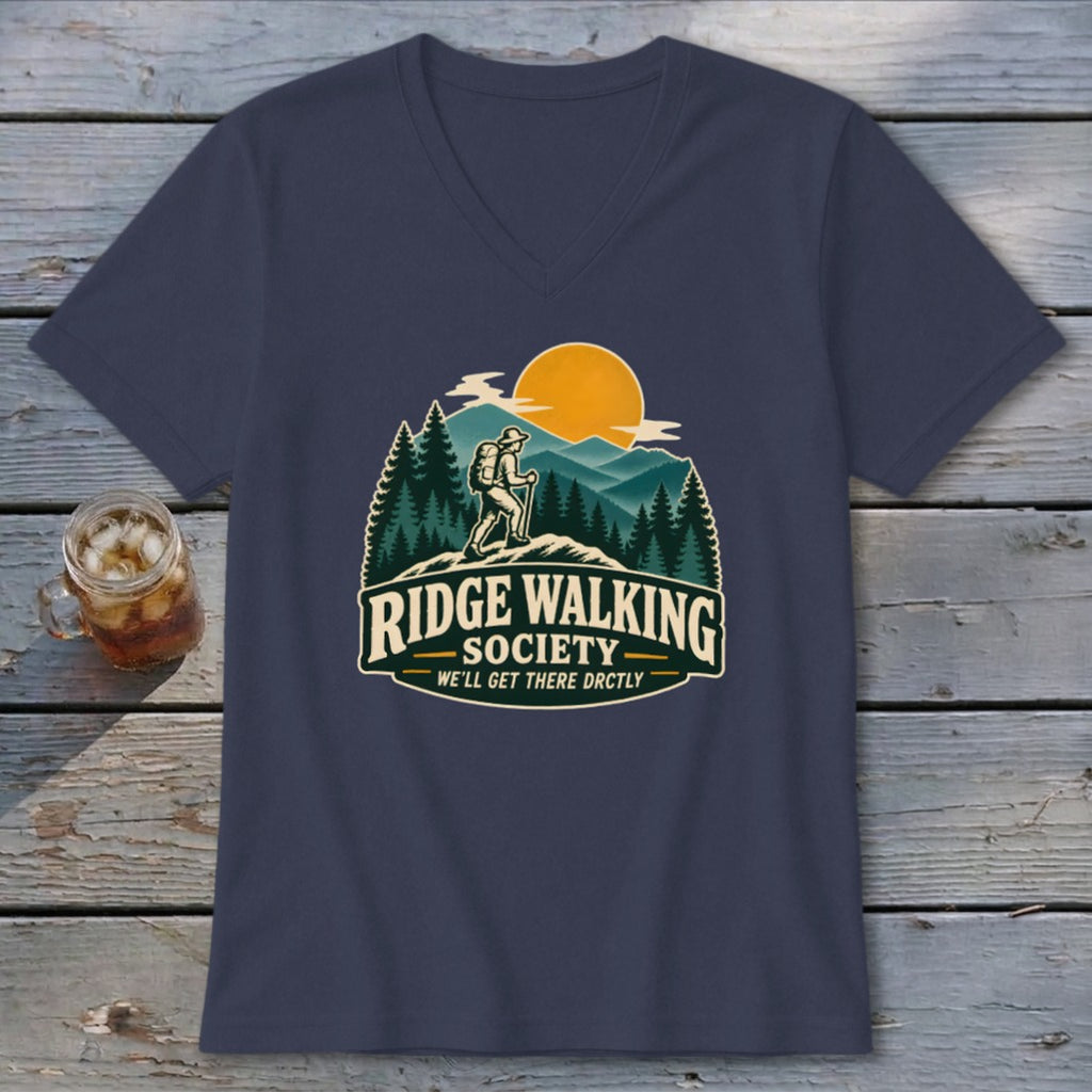 Navy v-neck t-shirt with "Ridge Walking Society" and hiker graphic.