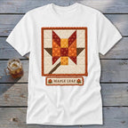 White t-shirt featuring a quilted maple leaf design and "Maple Leaf" text.