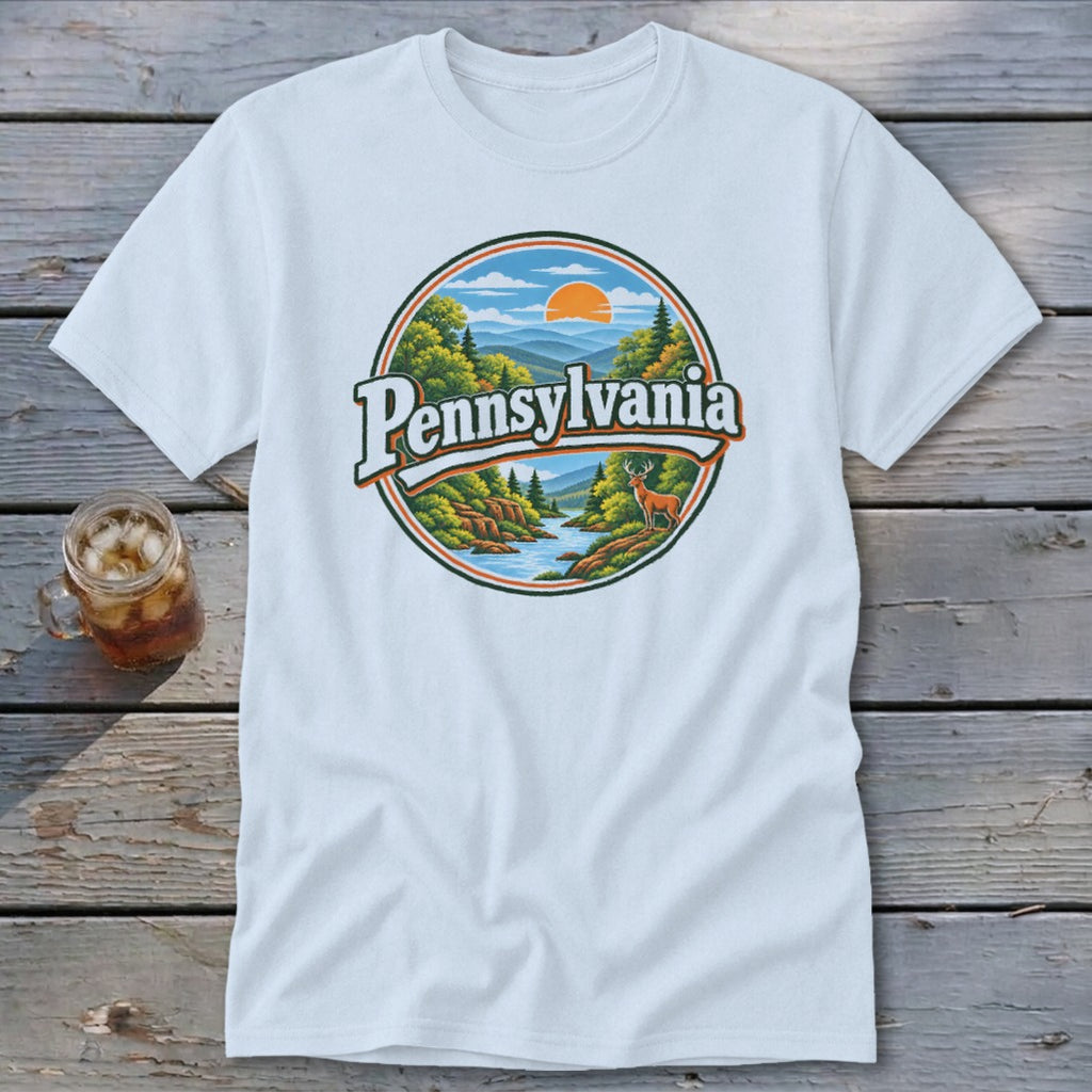White t-shirt with circular graphic of Pennsylvania landscape and deer.