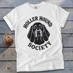 White t-shirt with black "Holler Hound Society" text and dog graphic.