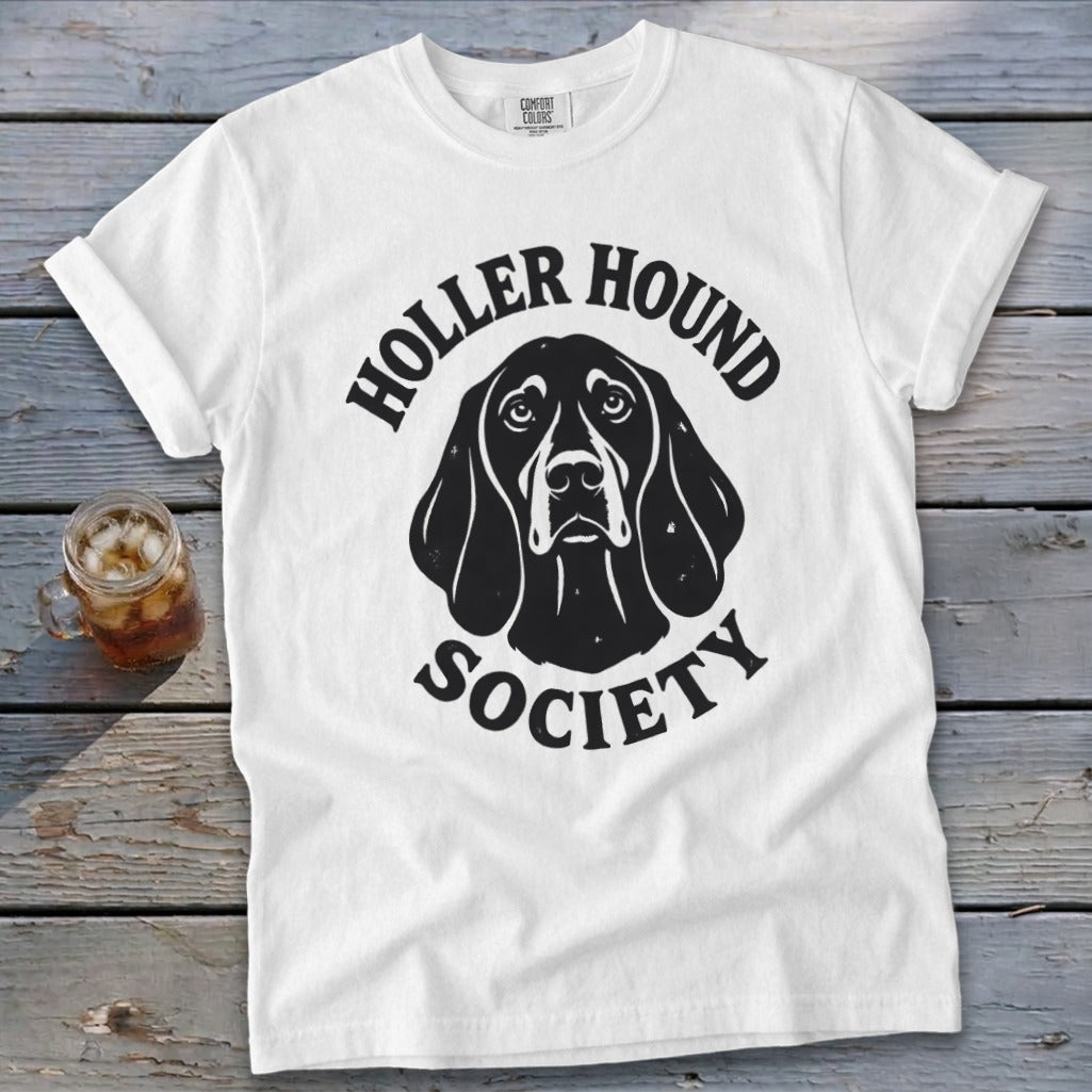 White t-shirt with black "Holler Hound Society" text and dog graphic.