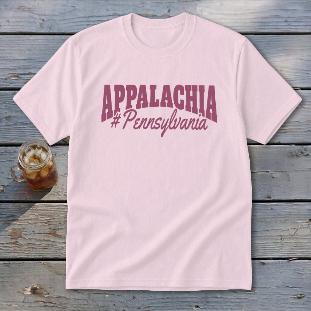 Pink t-shirt with "APPALACHIA #Pennsylvania" text in maroon.
