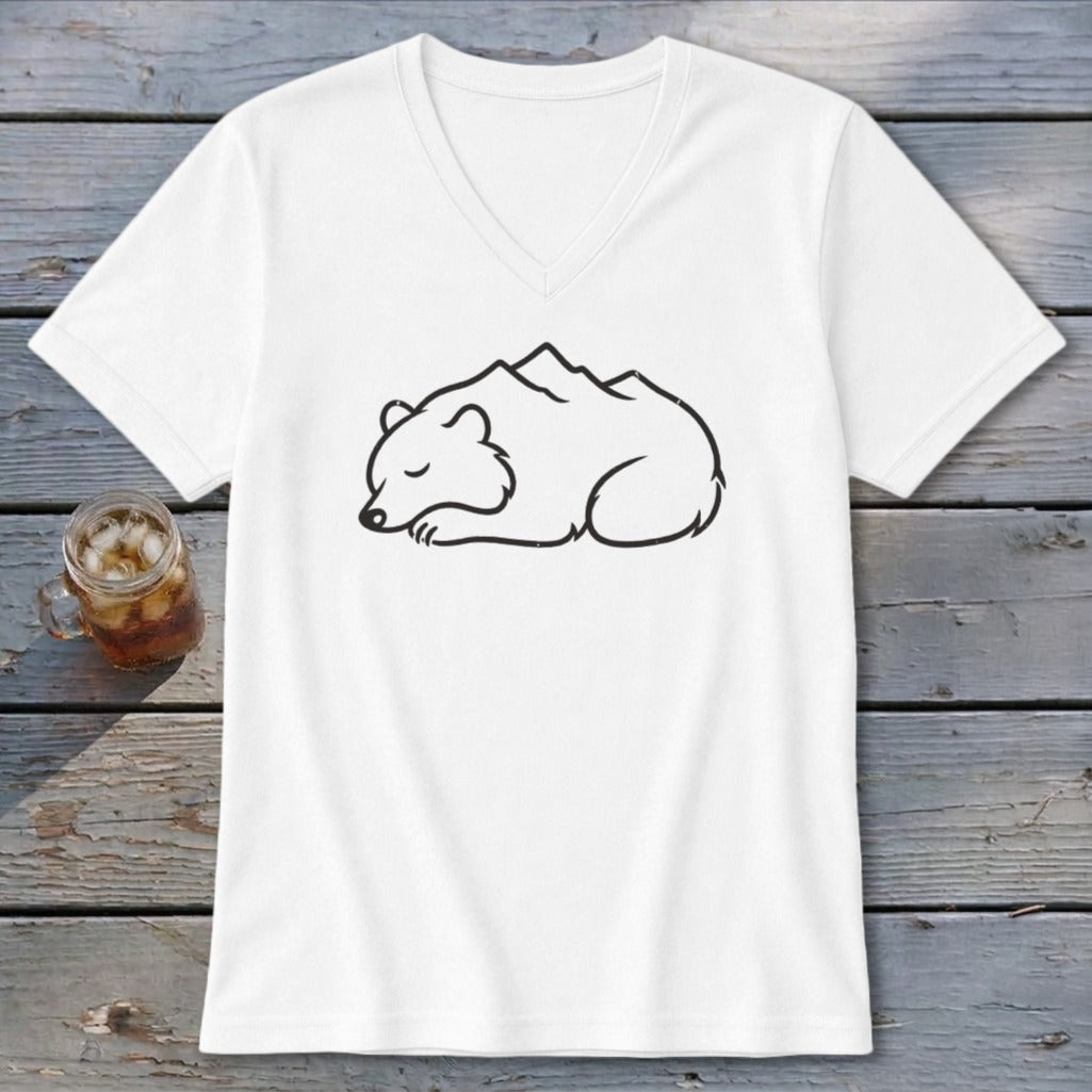 White v-neck t-shirt with a sleeping bear outline and mountain silhouette.