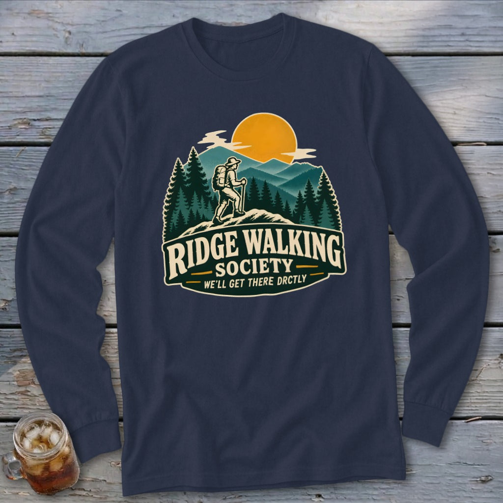Navy long sleeve shirt with "Ridge Walking Society" text and a hiker graphic.