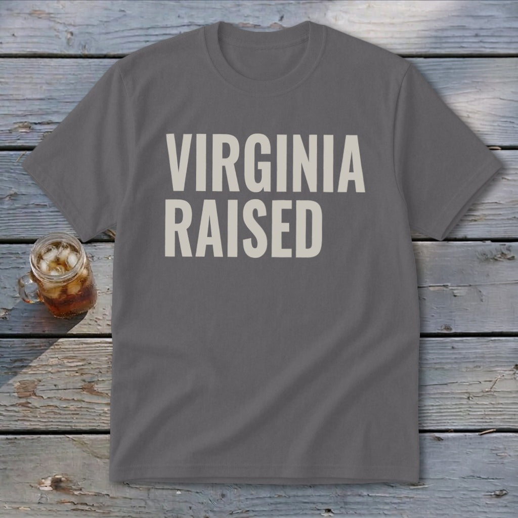 Gray t-shirt with "VIRGINIA RAISED" in beige block letters.