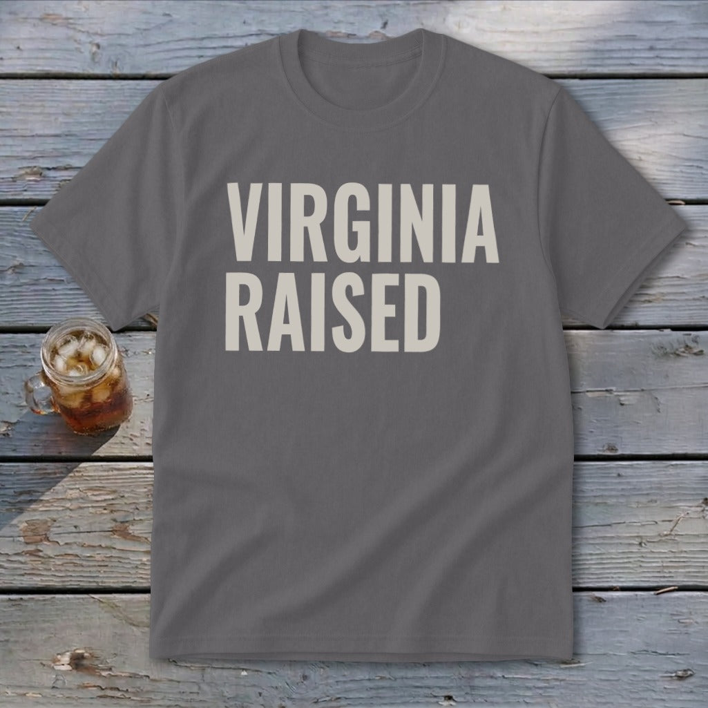 Gray t-shirt with "VIRGINIA RAISED" in beige block letters.