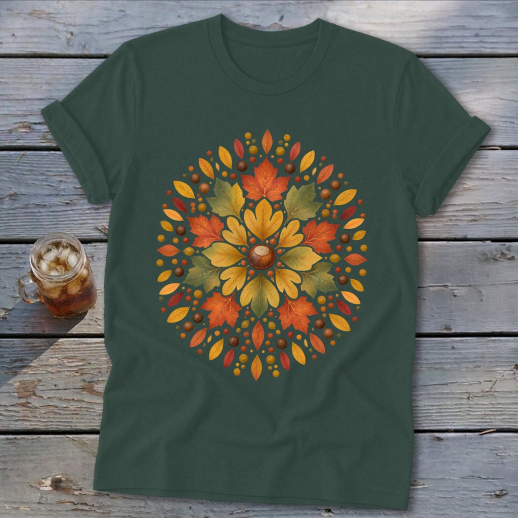 Dark green t-shirt with a circular autumn leaf and acorn design.