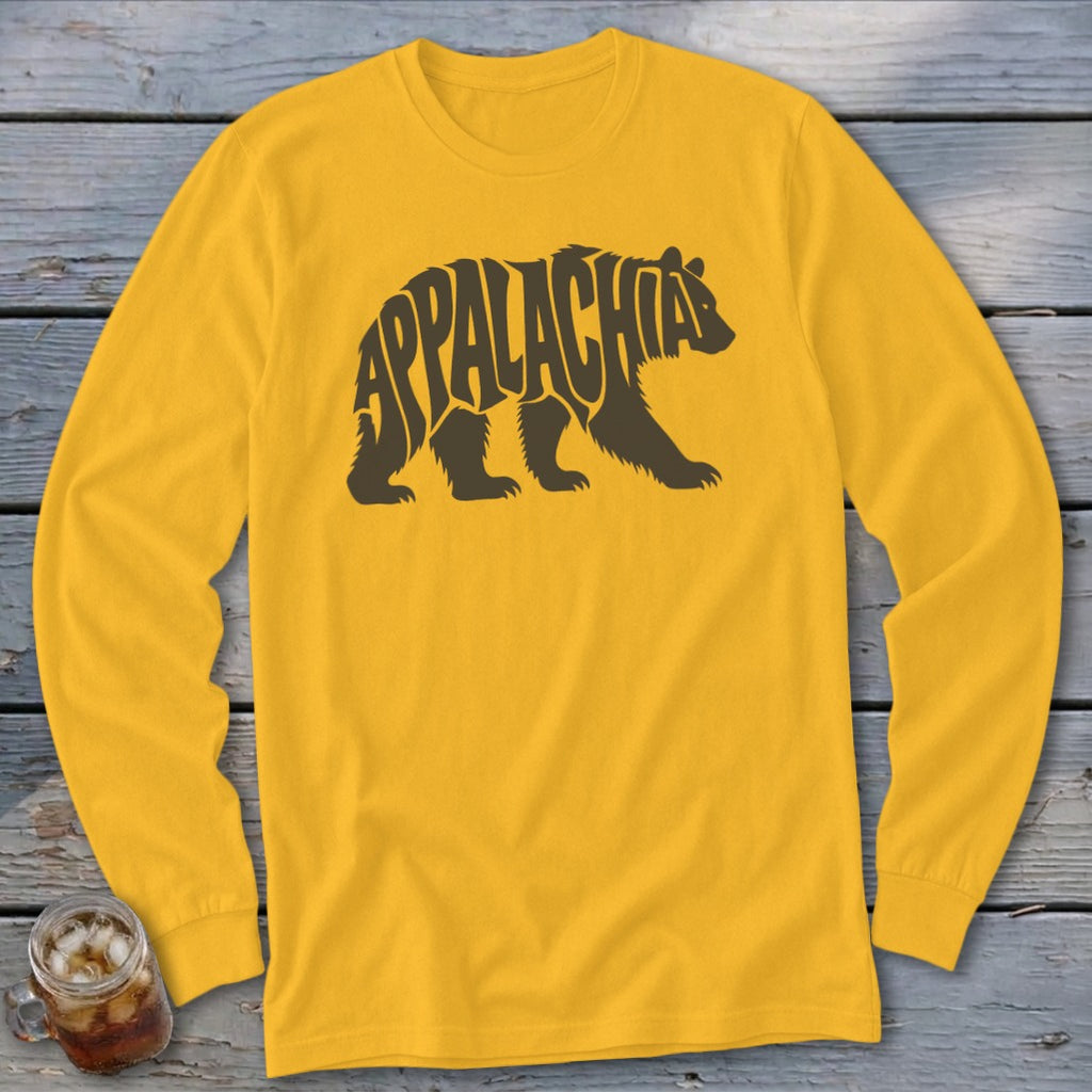 Mustard yellow long-sleeve t-shirt with a brown graphic of a walking bear containing the word Appalachia.
