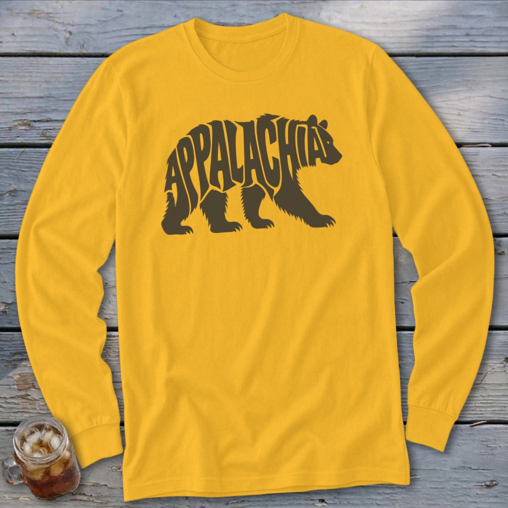 Mustard yellow long-sleeve t-shirt with a brown graphic of a walking bear containing the word Appalachia.