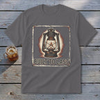 Gray t-shirt with a graphic of a vintage lantern and text "BUILT TO LAST".